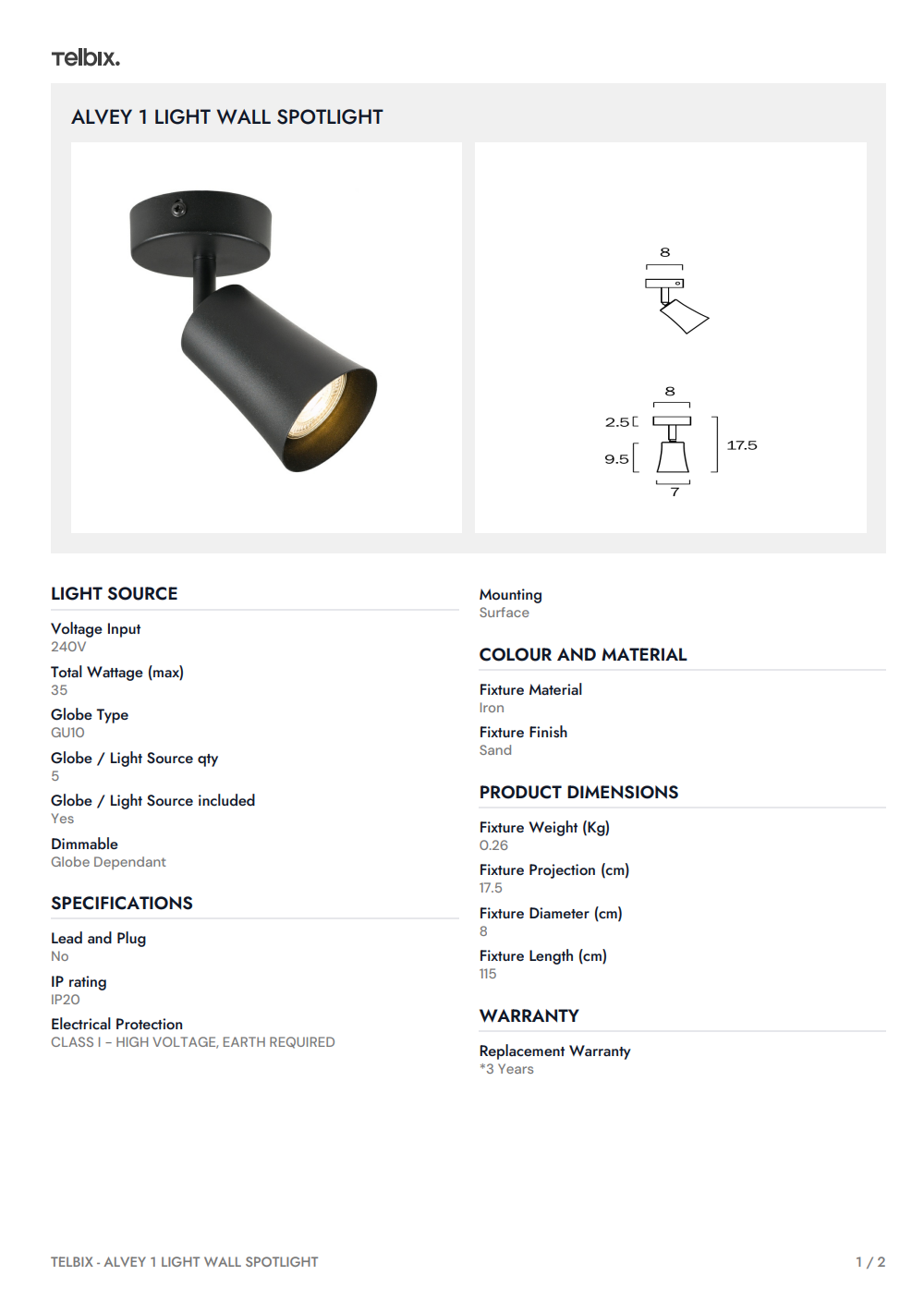 BURTON 1 LED Wall Spot Light - Black
