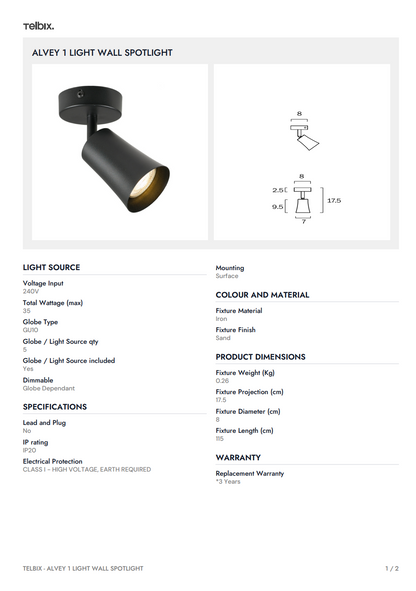 BURTON 1 LED Wall Spot Light - Black