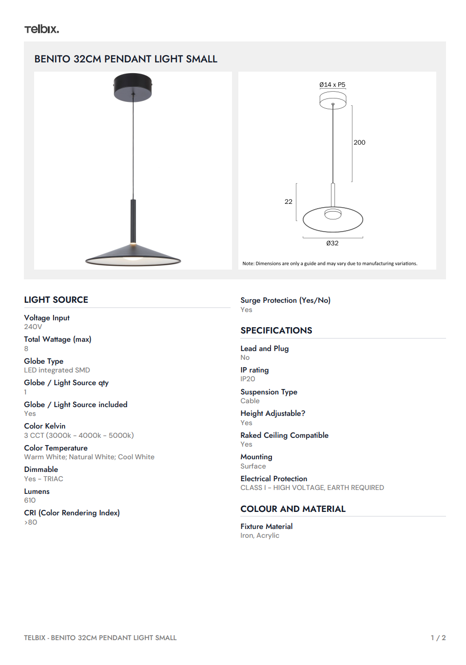 Benito 32CM Pendant Light Small - White