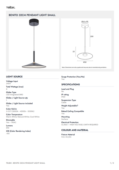 Benito 32CM Pendant Light Small - White