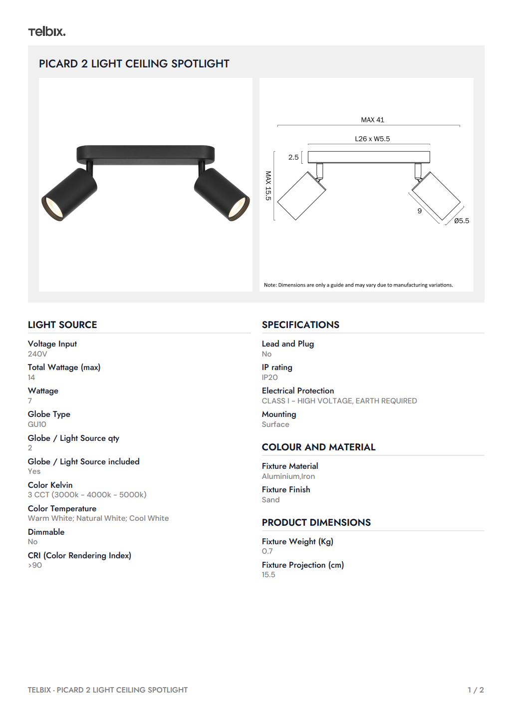 PICARD 2 Light Ceiling Spotlight - Black