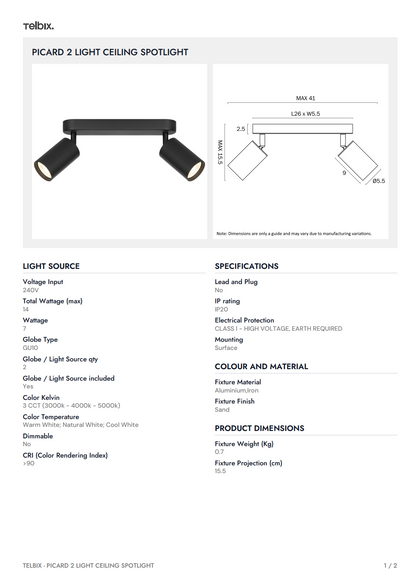 PICARD 2 Light Ceiling Spotlight - Black