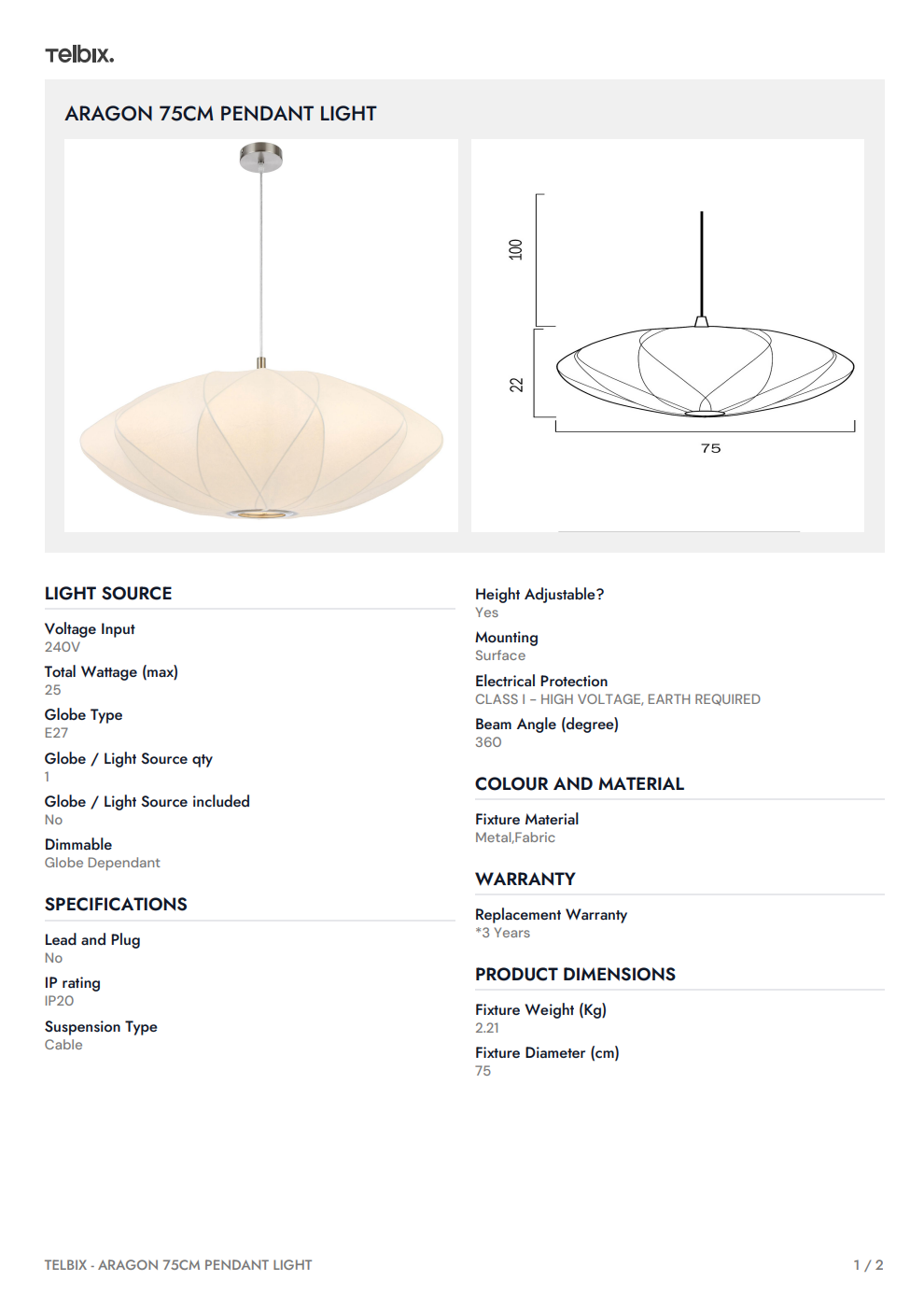 ARAGON 75CM Pendant Light - White