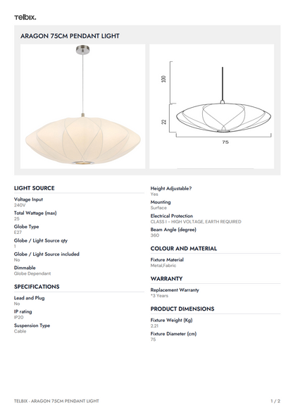 ARAGON 75CM Pendant Light - White