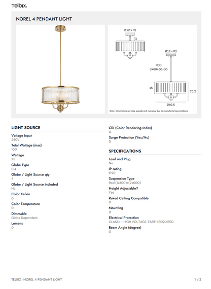 NOREL 4 Pendant Light - Antique Gold / Clear