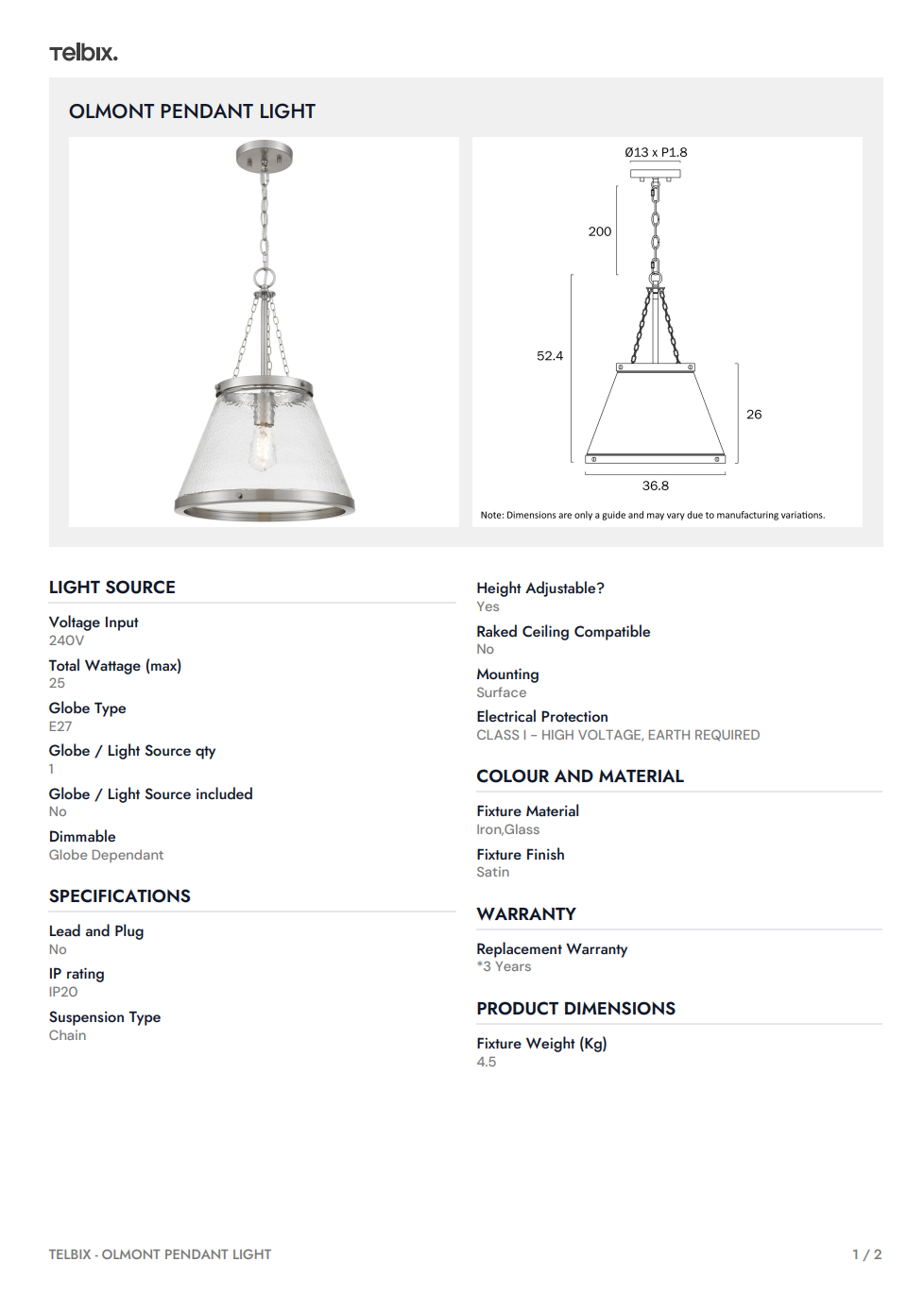 OLMONT Pendant Light - Nickel