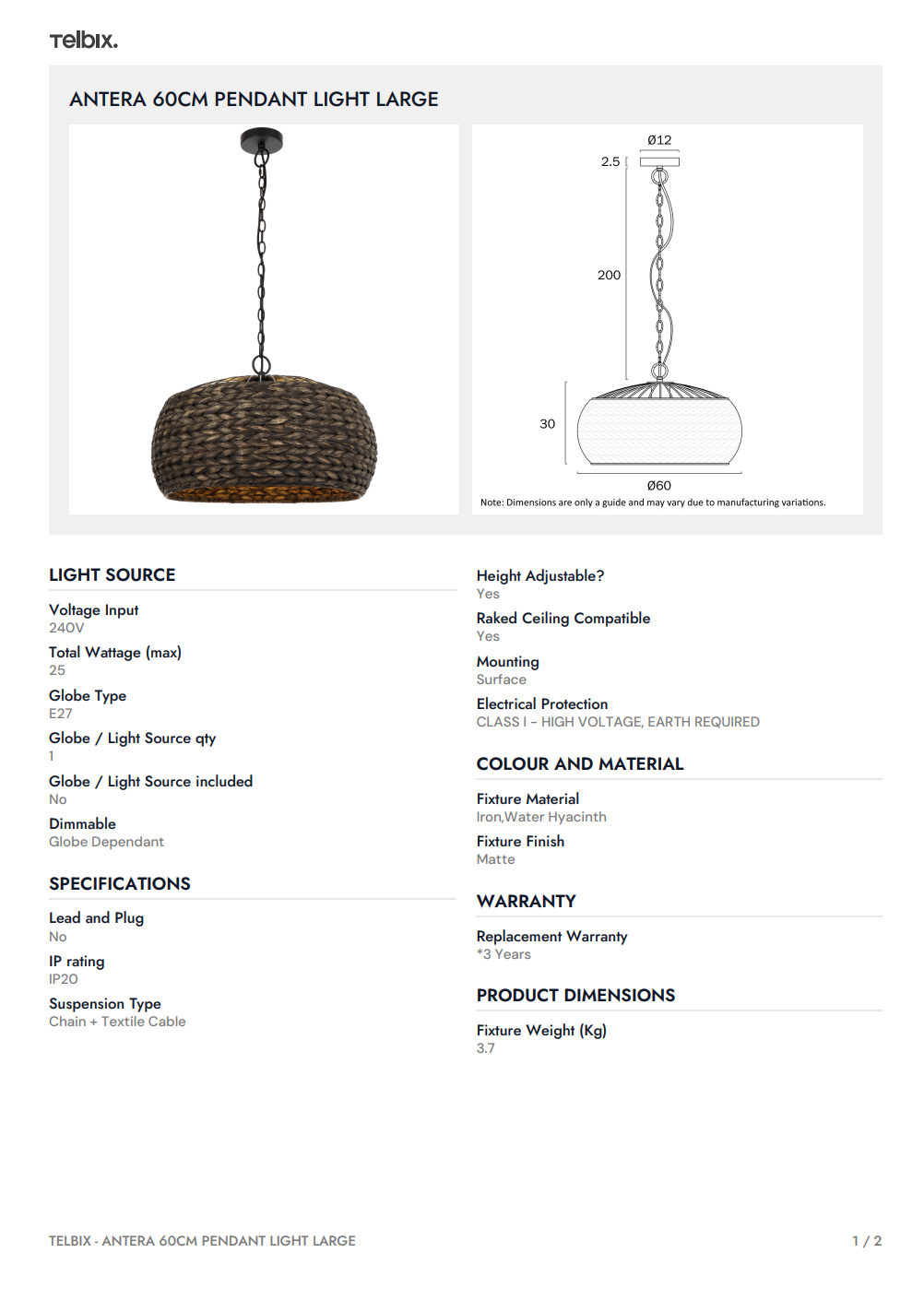 ANTERA 60CM Pendant Light Large - Natural