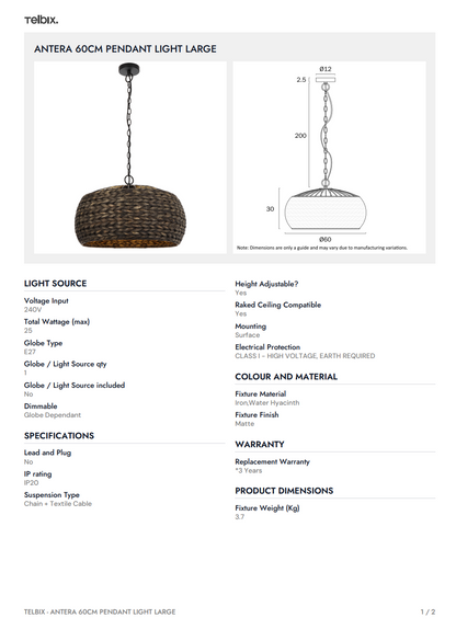ANTERA 60CM Pendant Light Large - Natural