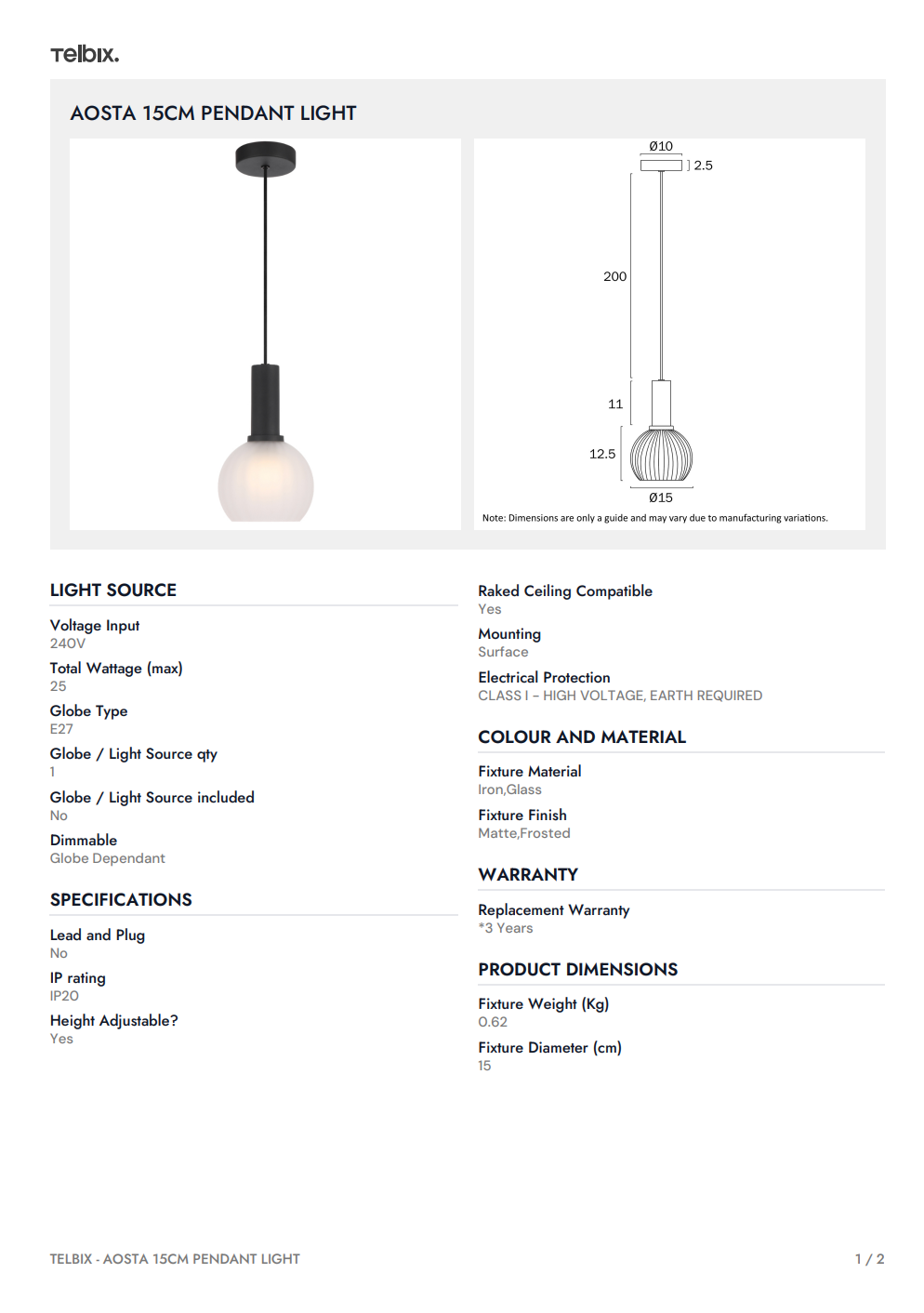 AOSTA 15CM Pendant Light - Black / Frost