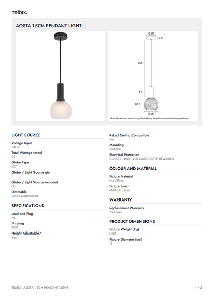 AOSTA 15CM Pendant Light - Black / Frost