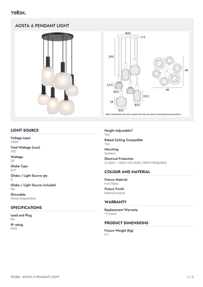 AOSTA 6 Pendant Light - Black / Frost