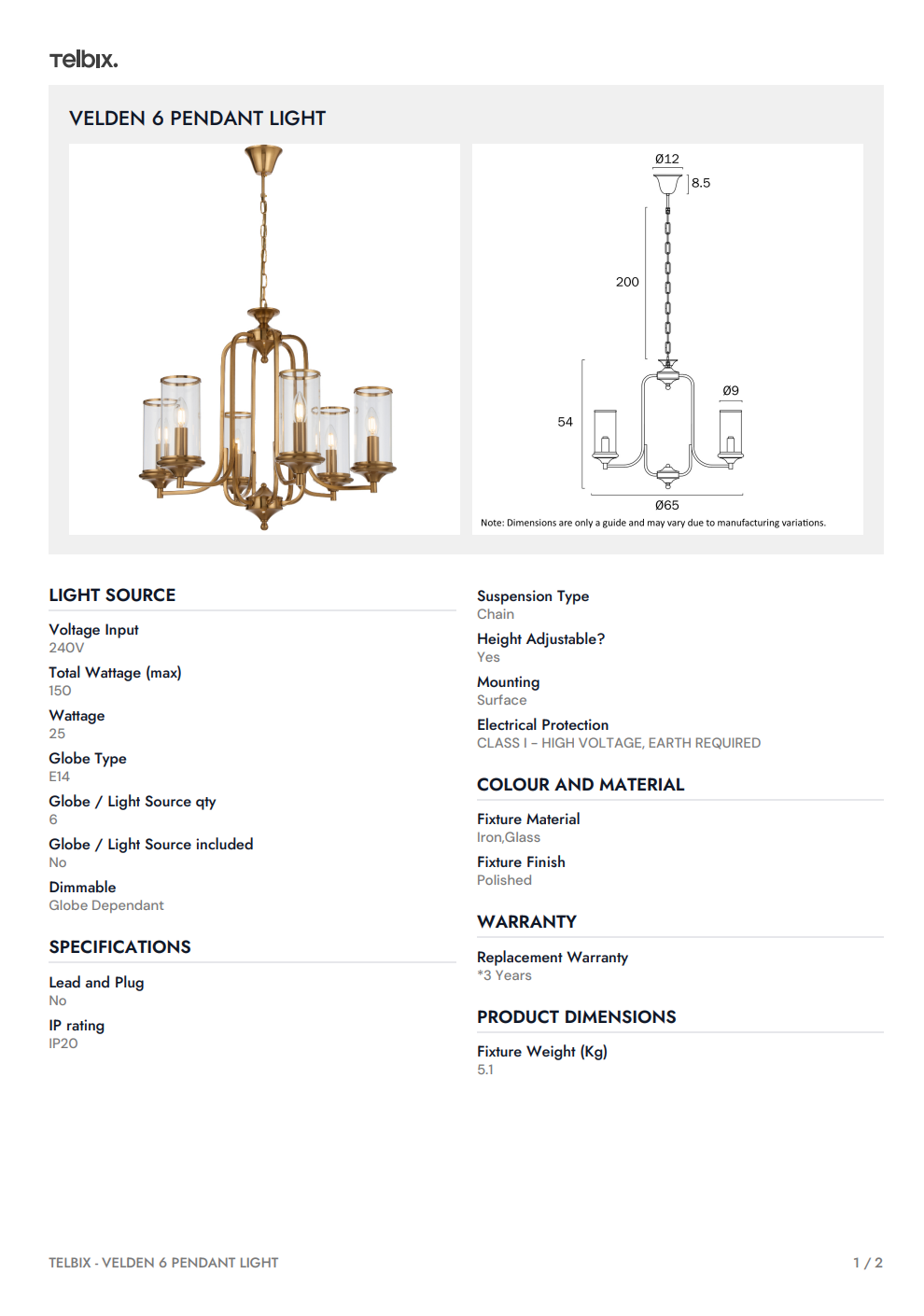 VELDEN 6 Pendant Light - Copper