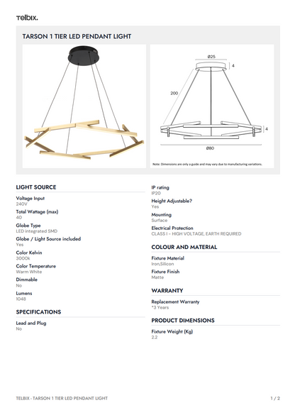 TARSON 1 Tier LED Pendant Light - Black / Gold