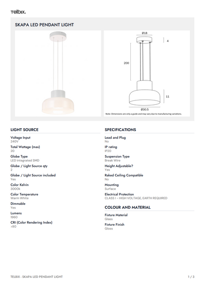 SKAPA LED Pendant Light Customisable - Glass C