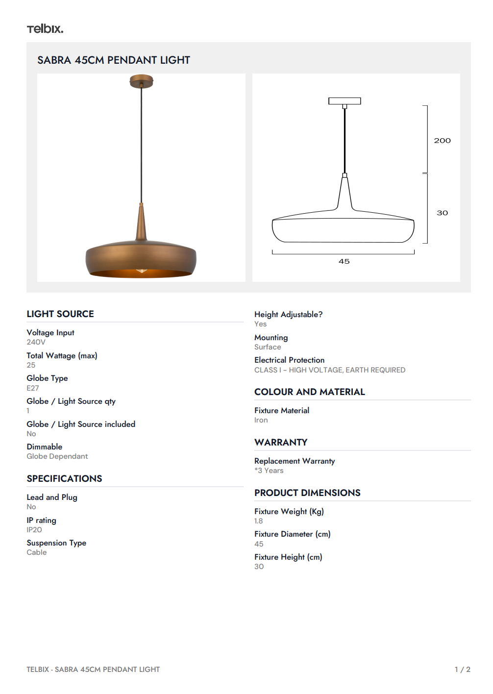 SABRA 45CM  Pendant Light - Anttique Copper/Copper