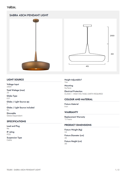 SABRA 45CM  Pendant Light - Anttique Copper/Copper