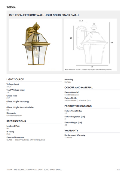 RYE 20CM Wall Light Solid Brass Small - Black