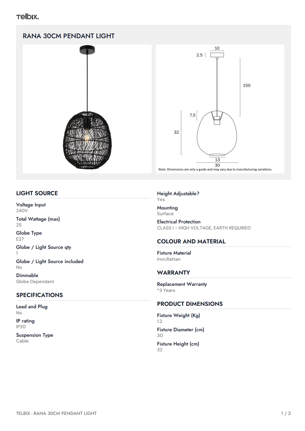 RANA 30CM Pendant Light – Brown