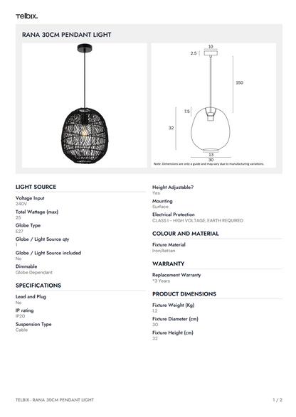 RANA 30CM Pendant Light – Brown