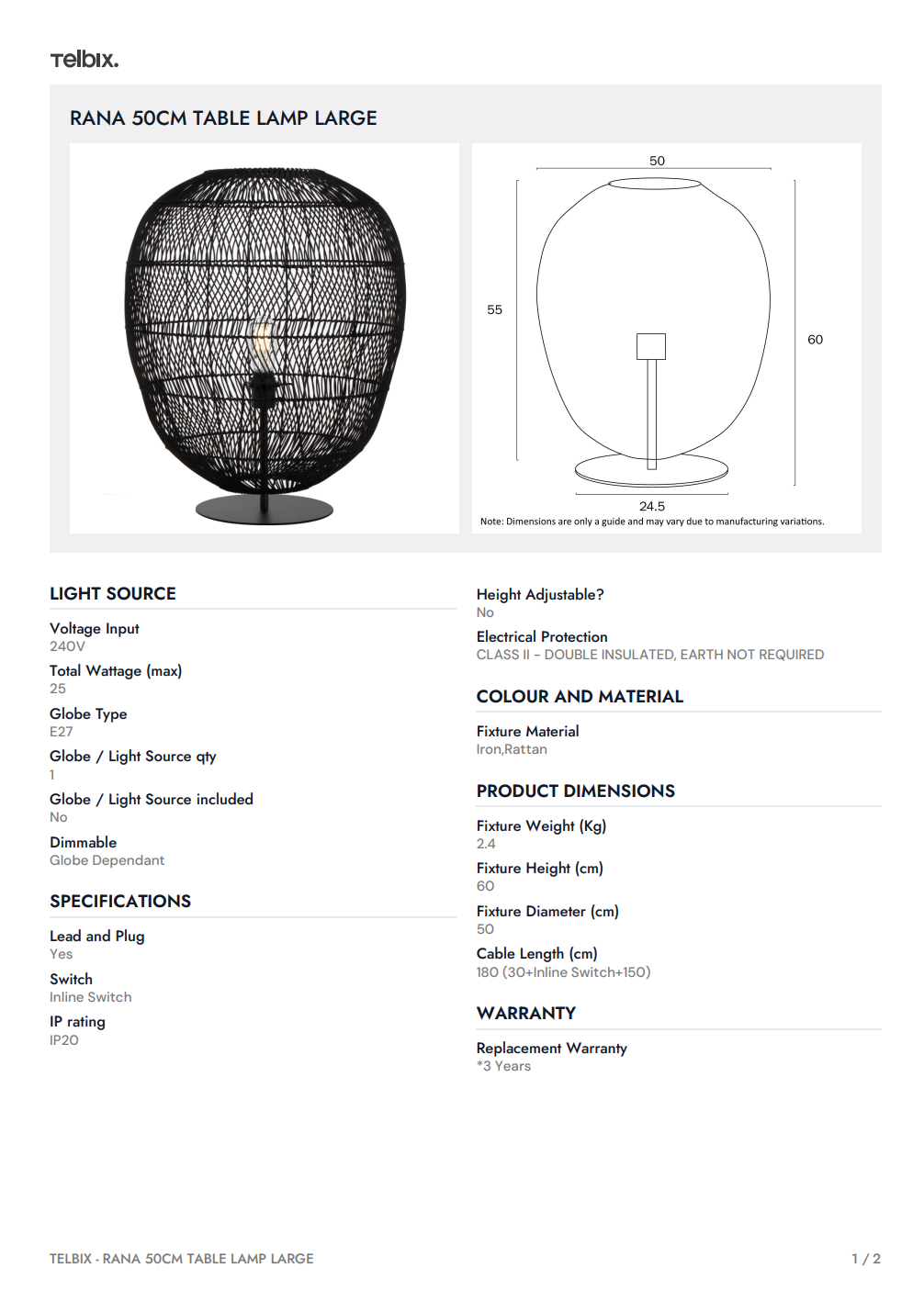 RANA 50CM Table Lamp Large – Natural