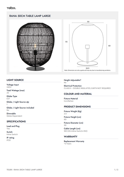 RANA 50CM Table Lamp Large – Natural