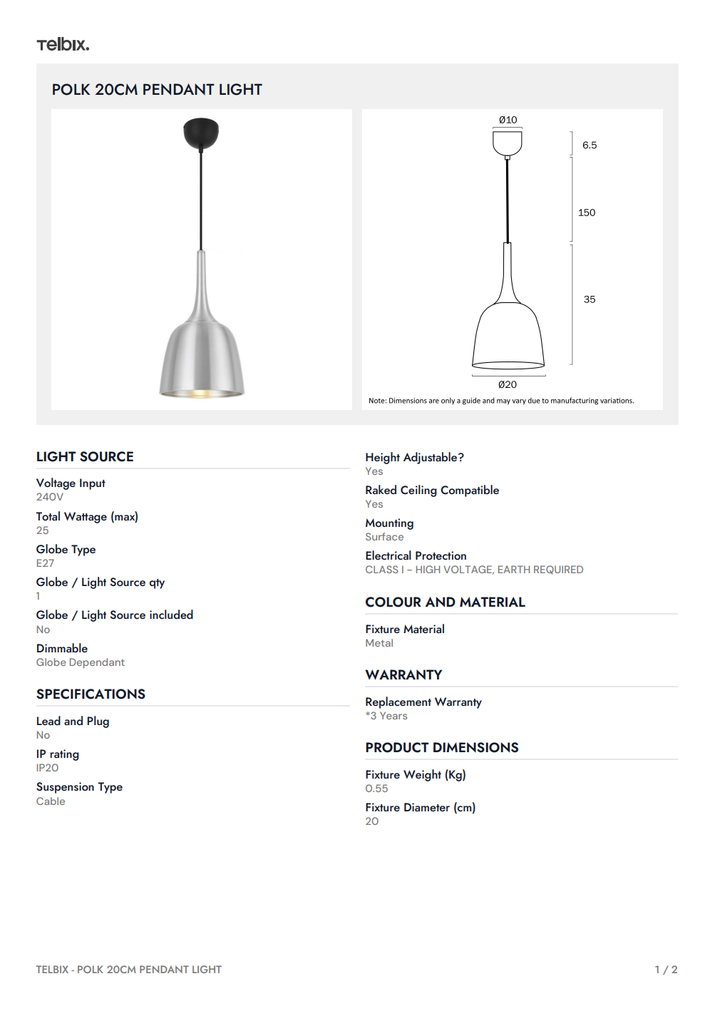 POLK 20CM Pendant Light – Gold