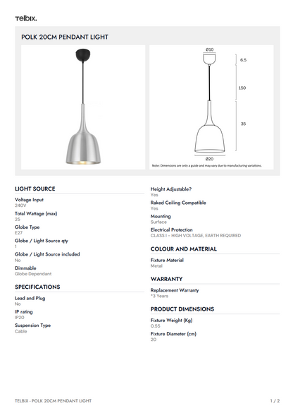 POLK 20CM Pendant Light – Gold