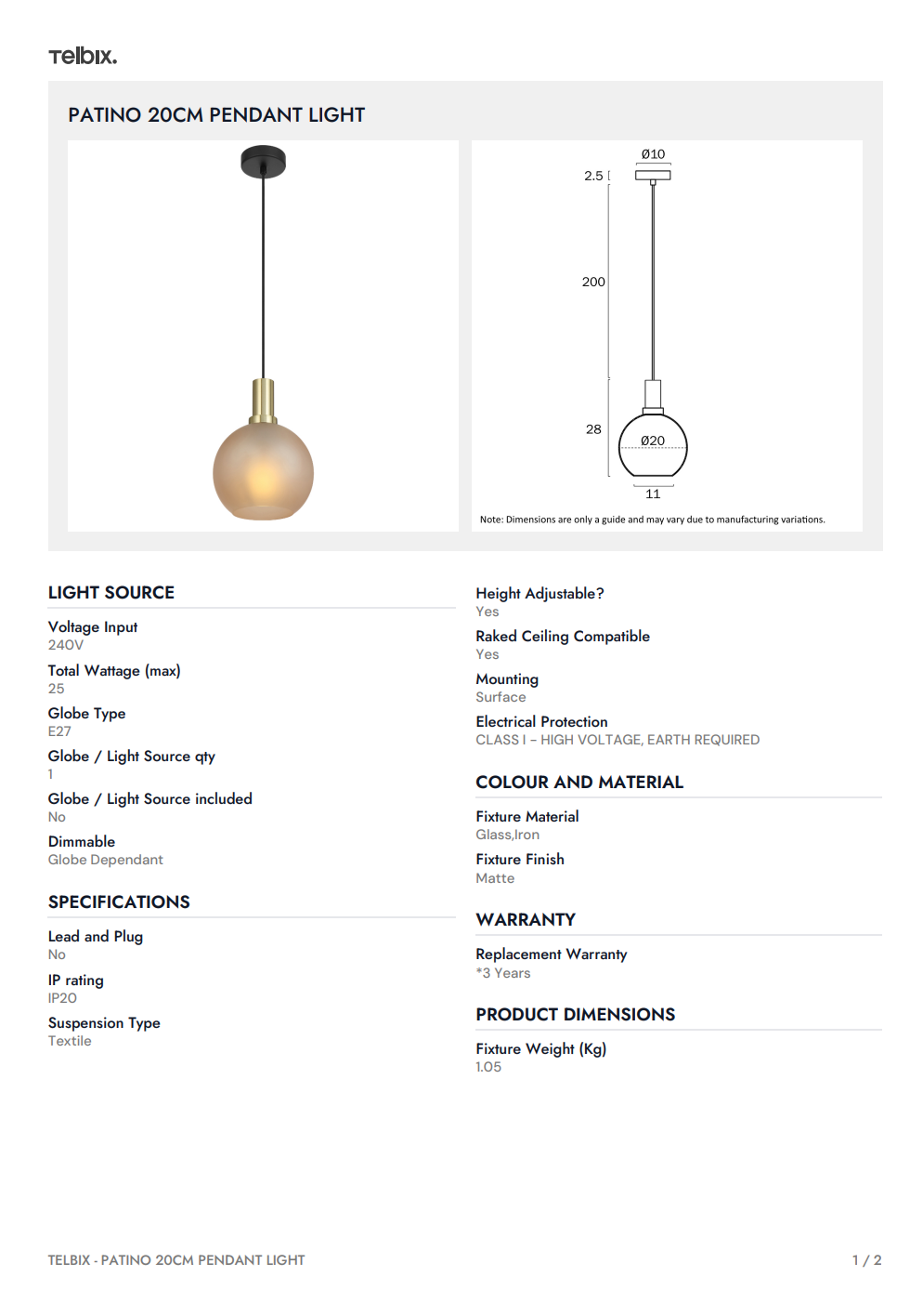 PATINO 20CM Pendant Light – Amber