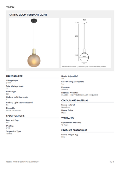 PATINO 20CM Pendant Light – Amber