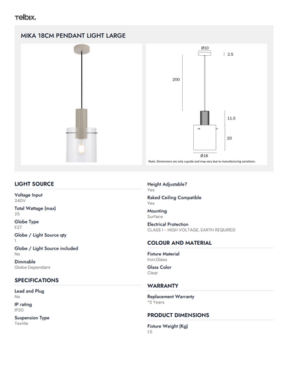 MIKA 18CM Pendant Light Large - Grey