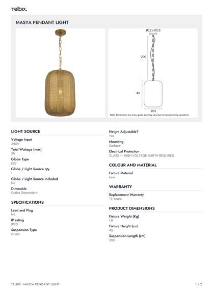 MASYA Pendant Light - Atique Brass