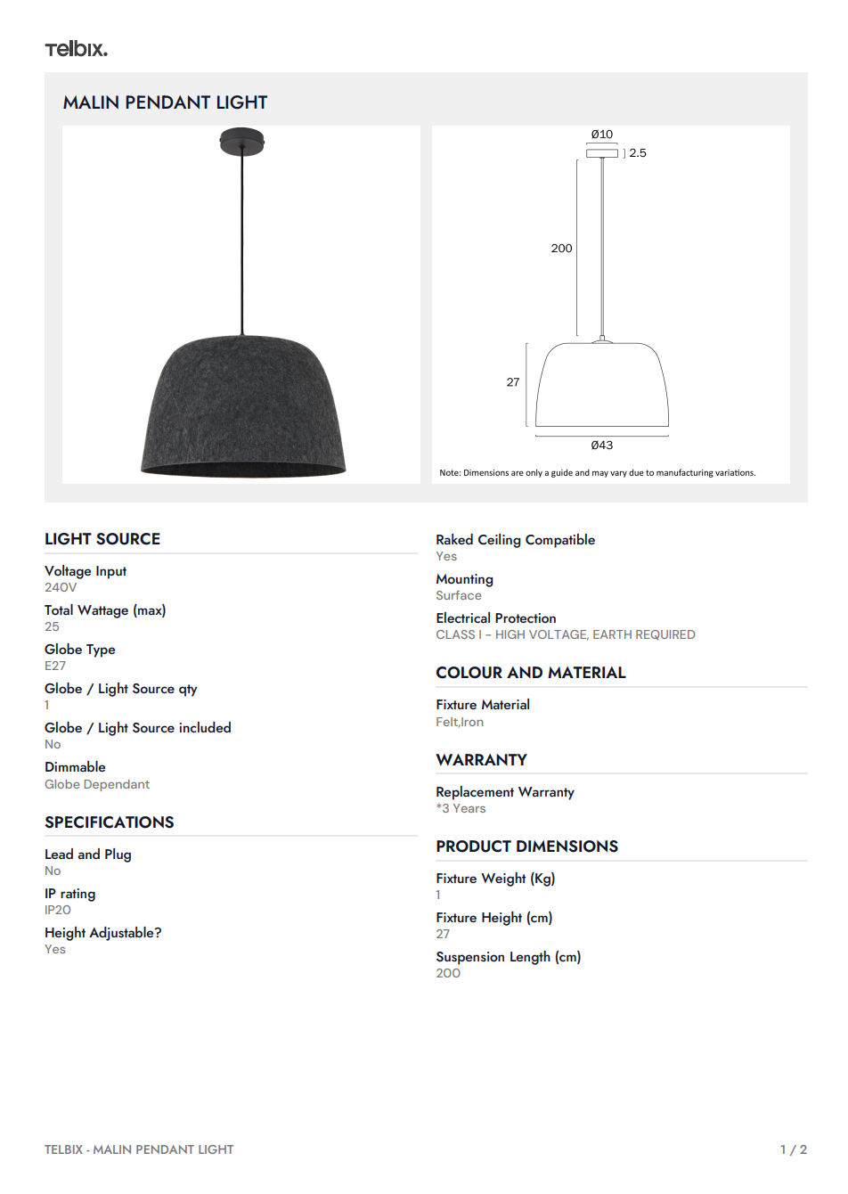 MALIN Pendant Light - Grey