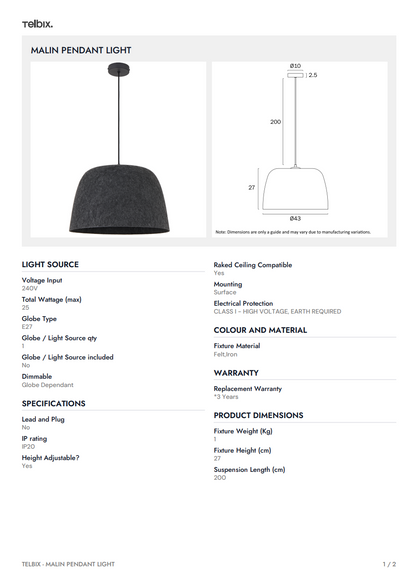 MALIN Pendant Light - Grey