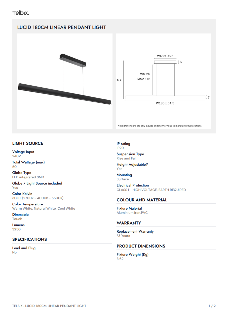LUCID 180CM Linear Pendant Light - Wood