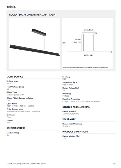 LUCID 180CM Linear Pendant Light - Wood