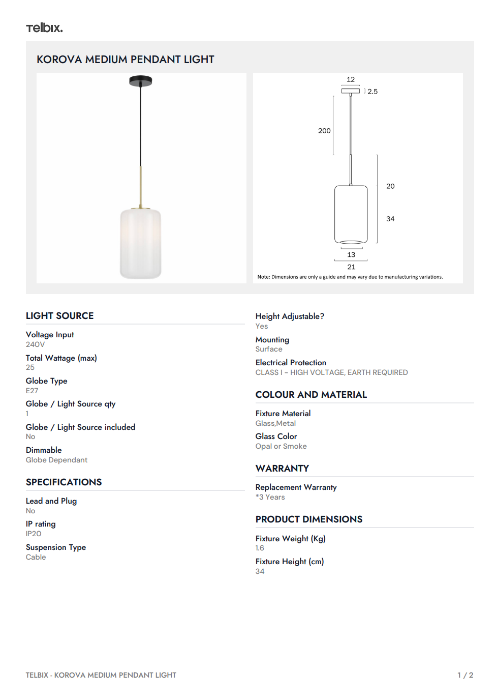 KOROVA Medium Pendant Light  - Brass Matt/Smoke