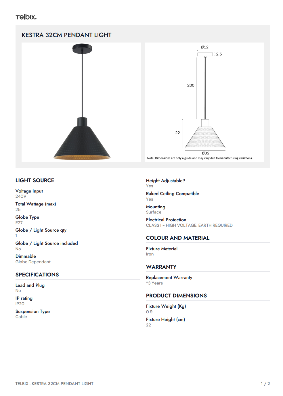 KESTRA 32CM Pendant Light  - Black