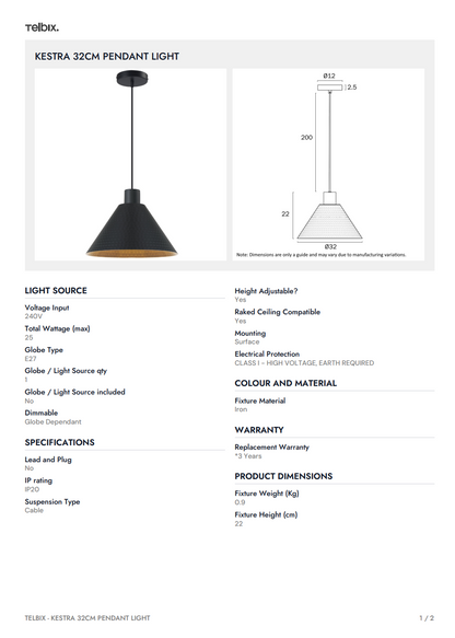 KESTRA 32CM Pendant Light  - Black