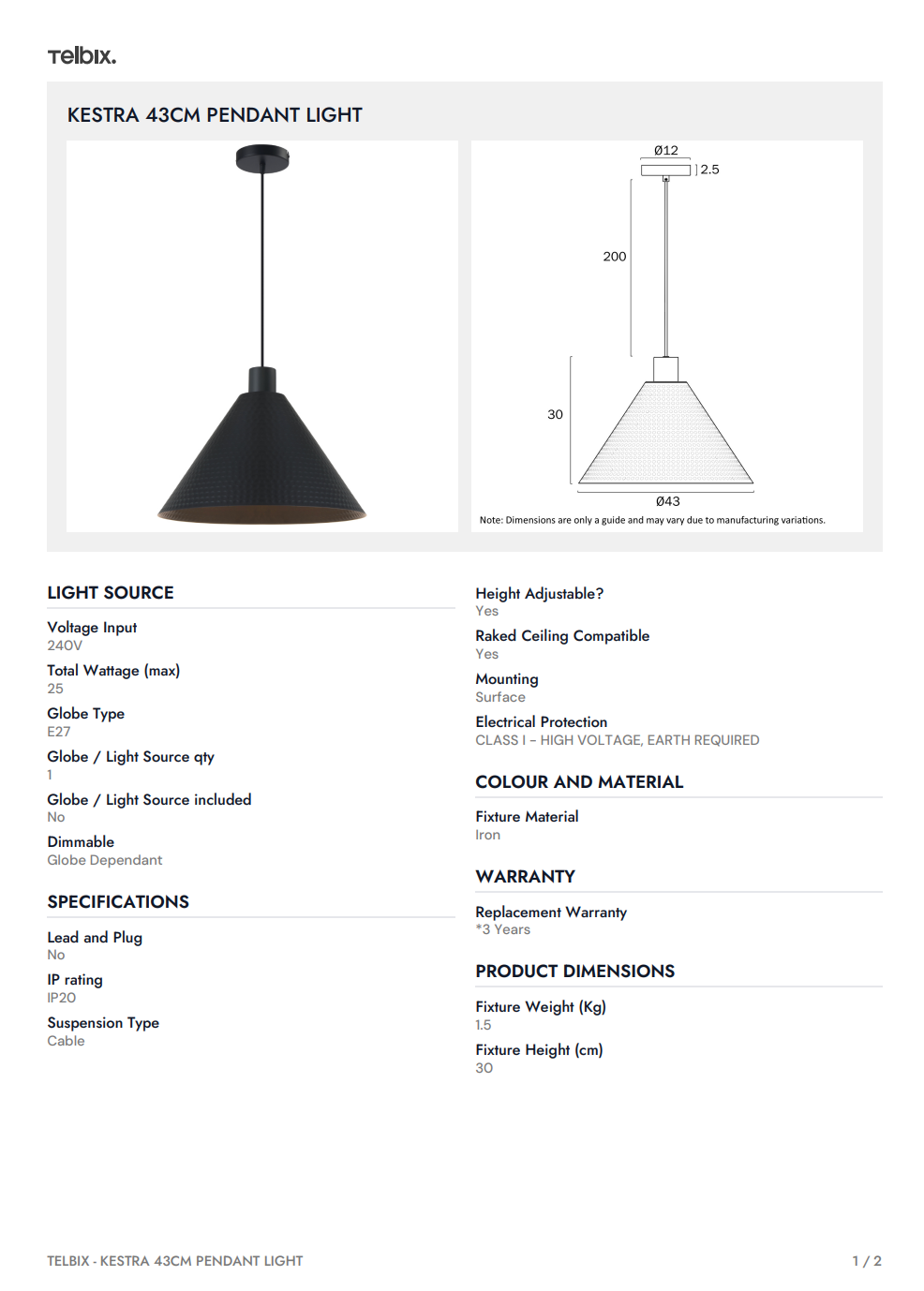 KESTRA 43CM Pendant Light  - White