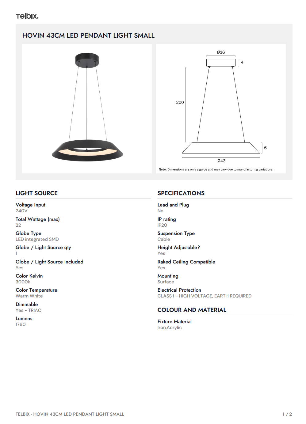 HOVIN 43CM LED Pendant Light Small - White