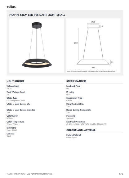 HOVIN 43CM LED Pendant Light Small - White