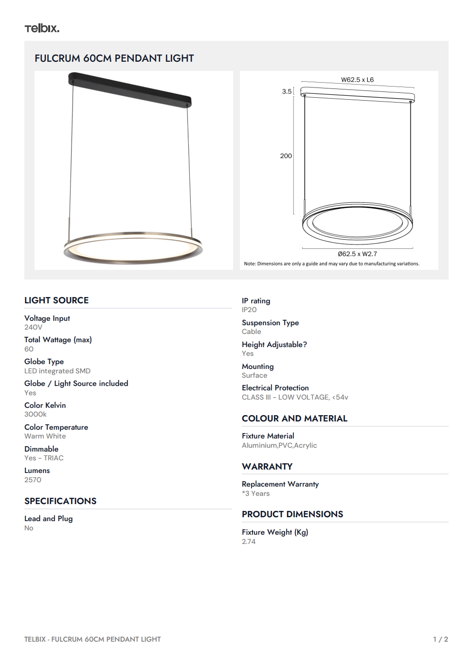 FULCRUM 60CM Pendant Light - Pearl/Grey