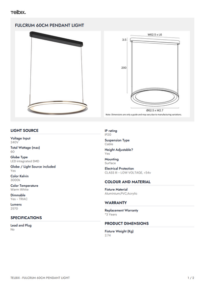 FULCRUM 60CM Pendant Light - Pearl/Grey