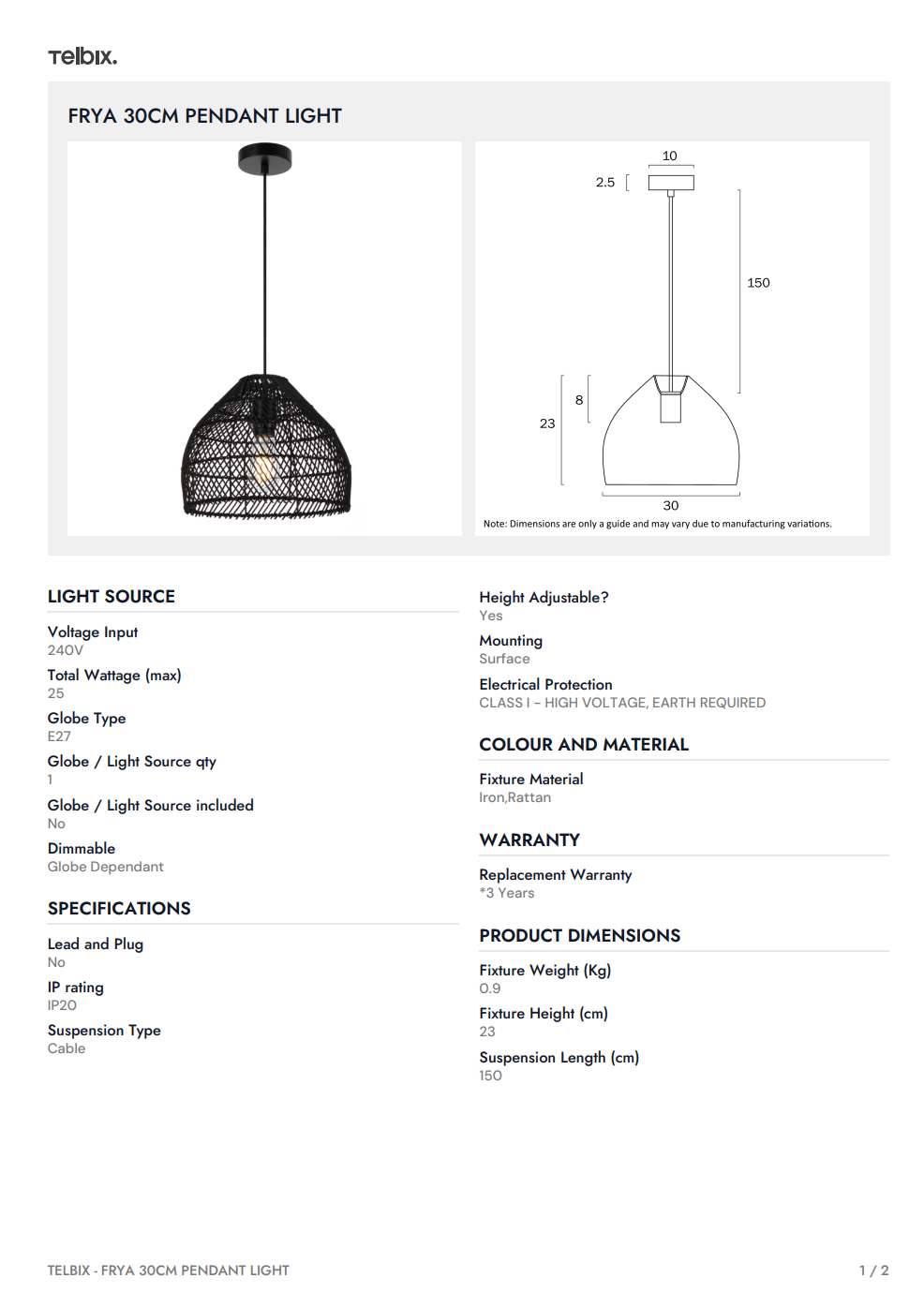 FRYA 30CM Pendant Light - Natural