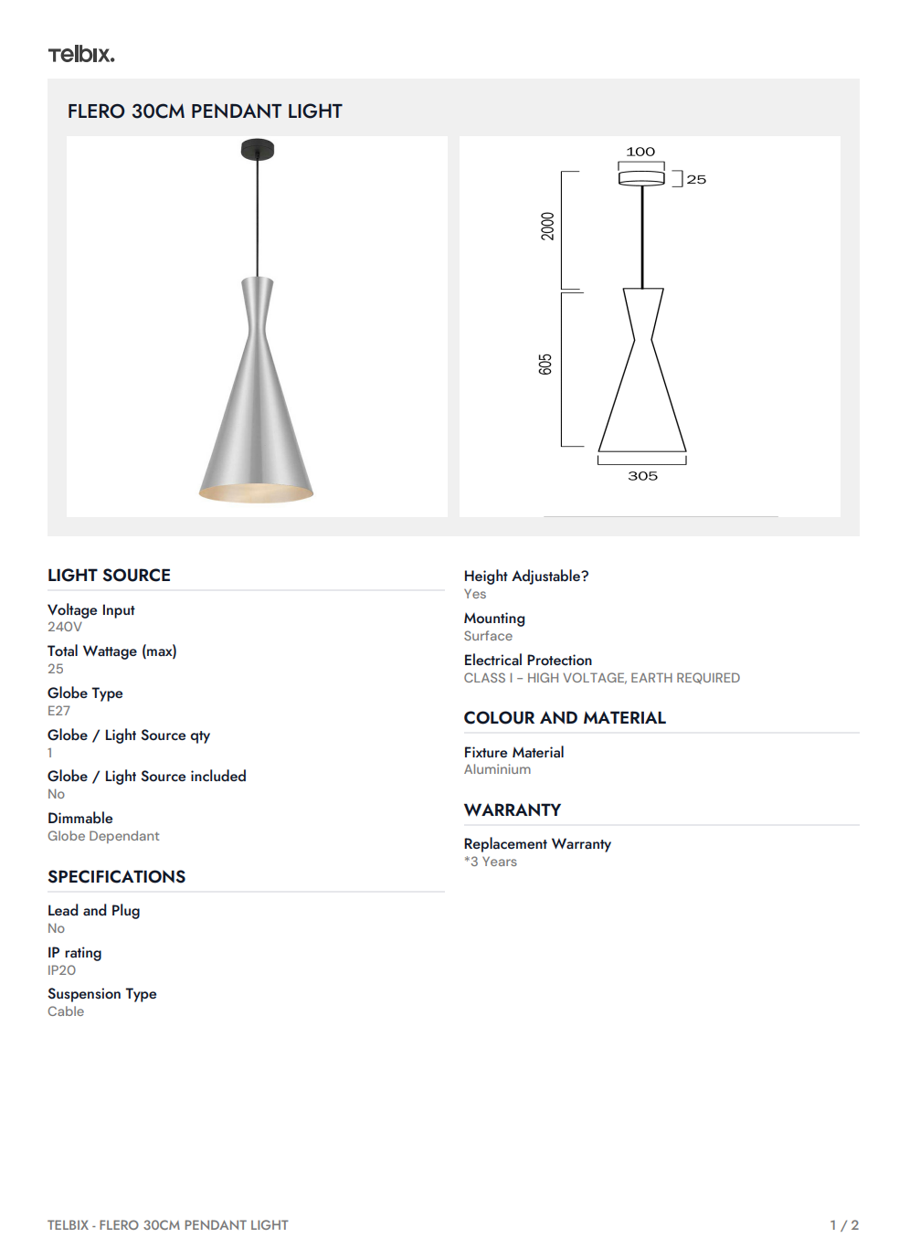 FLERO 30CM Pendant Light - Gold