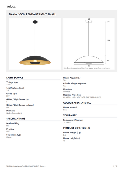 DAXIA 60CM Pendant Light Small - White/Gold