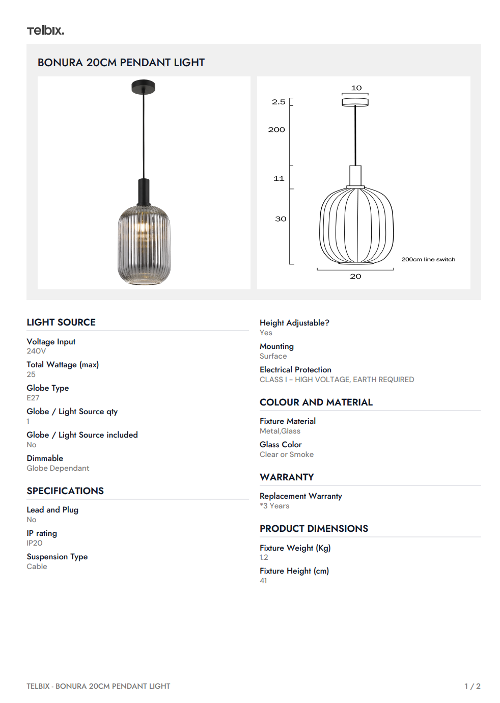 BONURA 20CM Pendant Light - Nickel/Clear