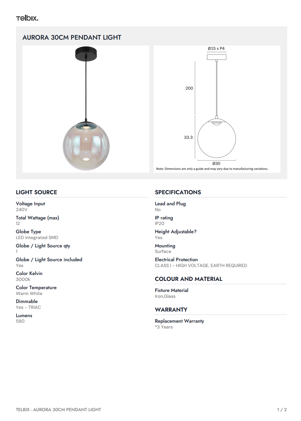 AURORA 30CM Pendant Light - Rainbow/Black