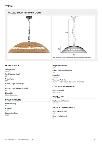 VALLEJO 80CM Pendant Light - Natural