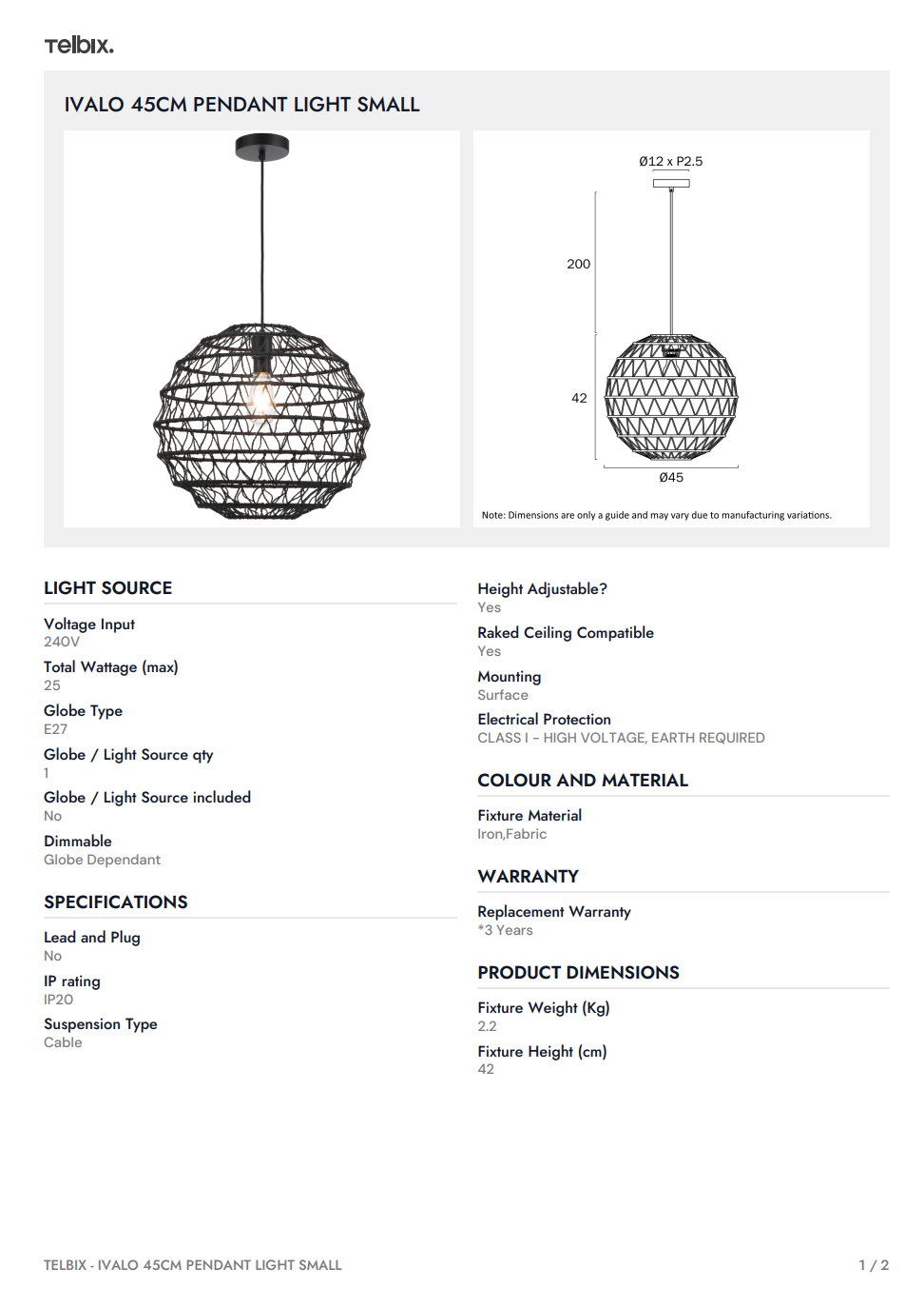 IVALO 45CM Pendant Light Small - Black